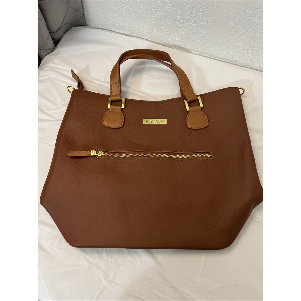 JOY & IMAN Alexandria Leather Tote Purse Cognac 15.5 X 12 X 6 Double Handles - Picture 2 of 9